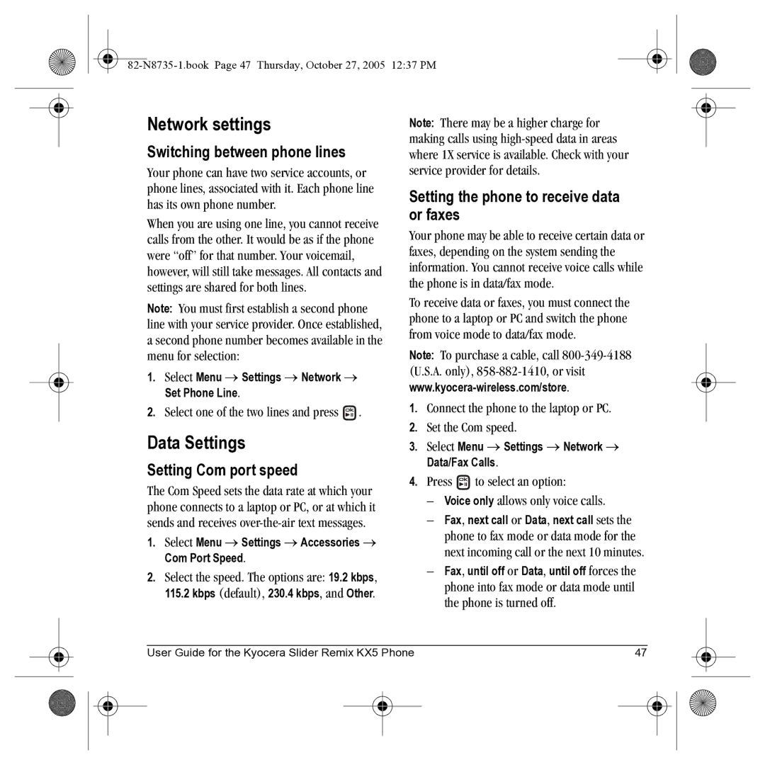Kyocera SE47 manual Network settings, Data Settings, Switching between phone lines, Setting Com port speed 