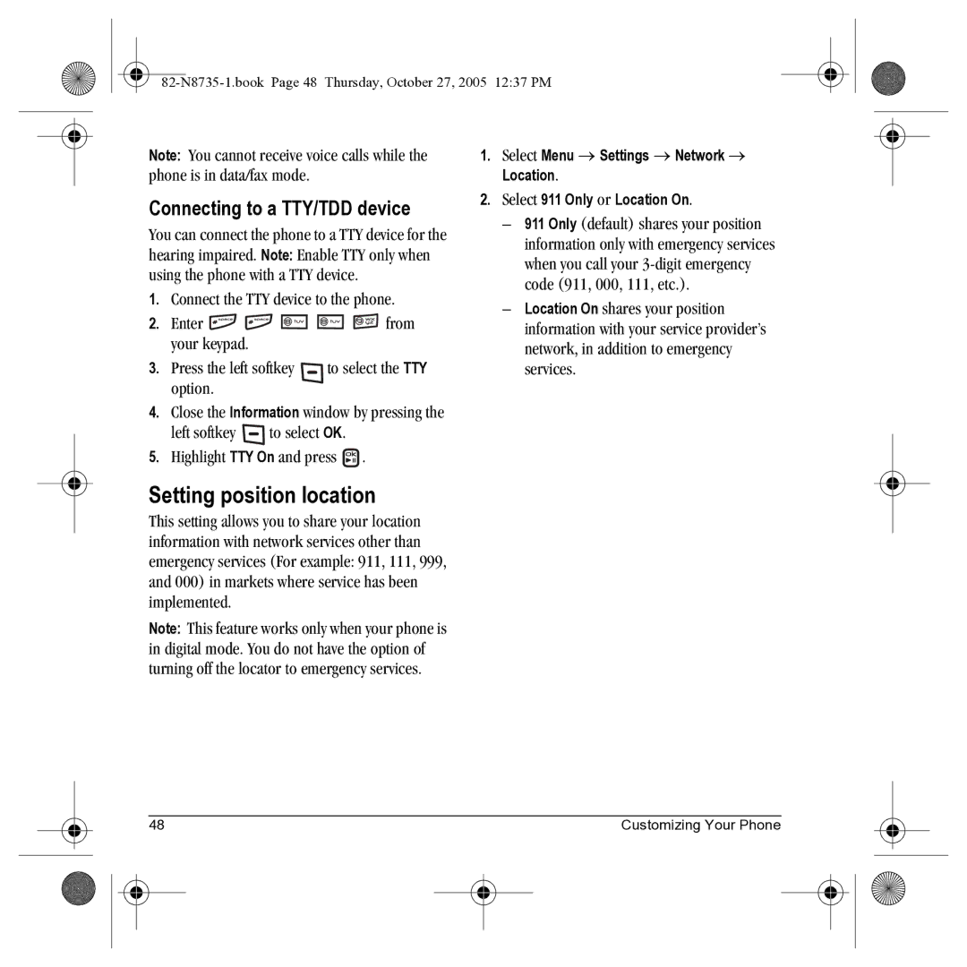 Kyocera SE47 manual Setting position location, Connecting to a TTY/TDD device, Option 