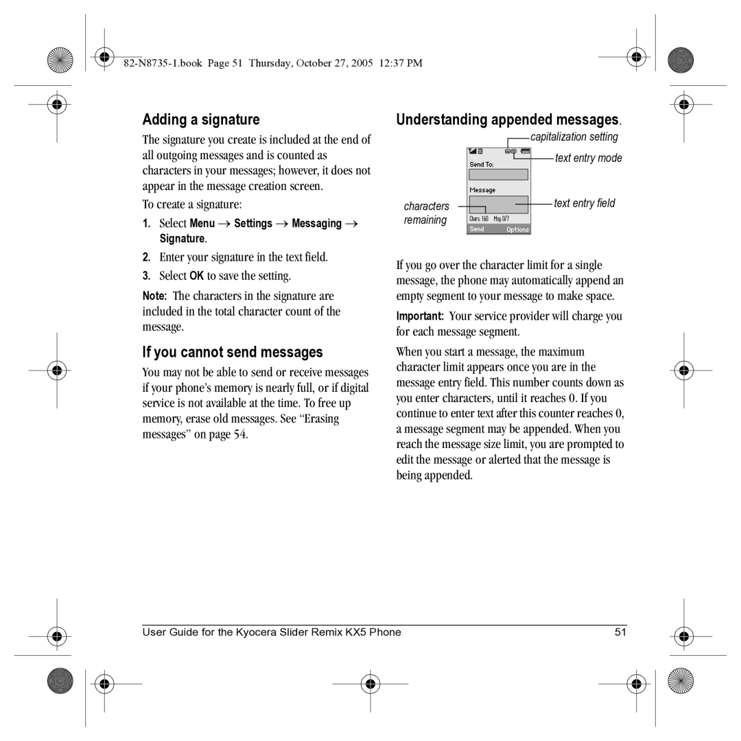 Kyocera SE47 manual Adding a signature, If you cannot send messages, Understanding appended messages, To create a signature 