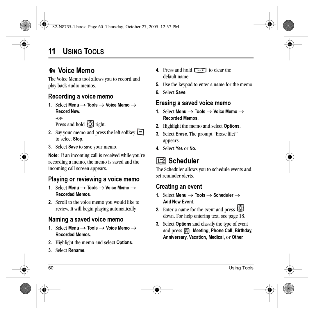 Kyocera SE47 manual Voice Memo, Scheduler, Using Tools 