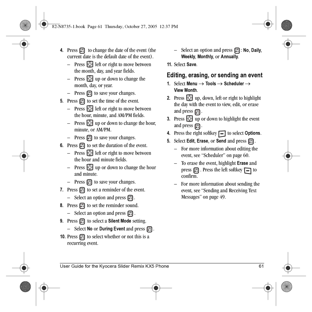 Kyocera SE47 manual Editing, erasing, or sending an event, Weekly, Monthly, or Annually 