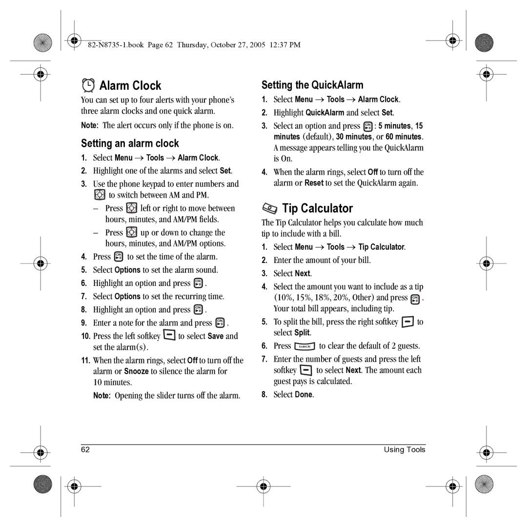 Kyocera SE47 manual Alarm Clock, Tip Calculator, Setting an alarm clock, Setting the QuickAlarm, Minutes 