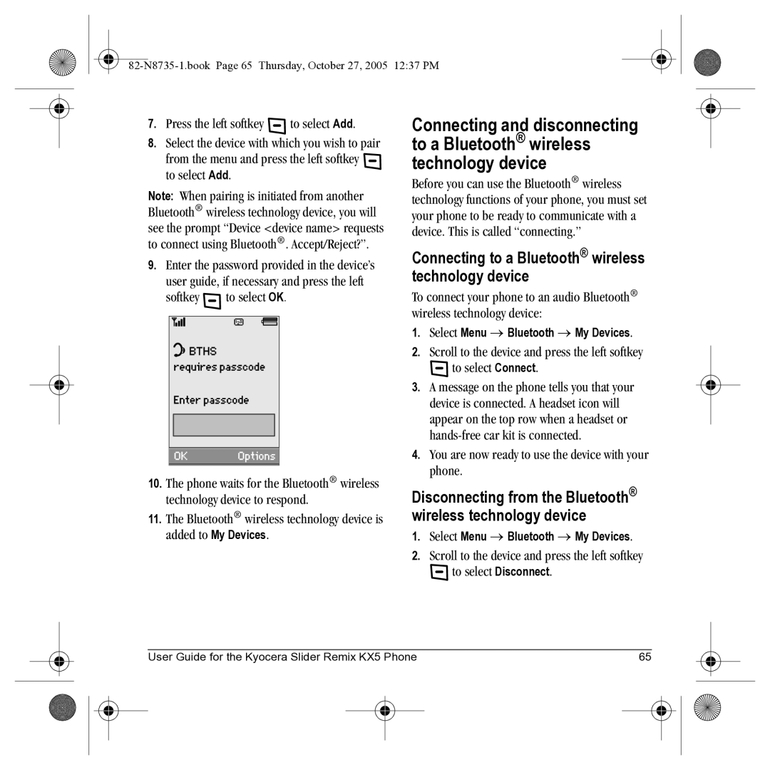 Kyocera SE47 Connecting to a Bluetooth wireless technology device, Press the left softkey to select Add, To select Add 