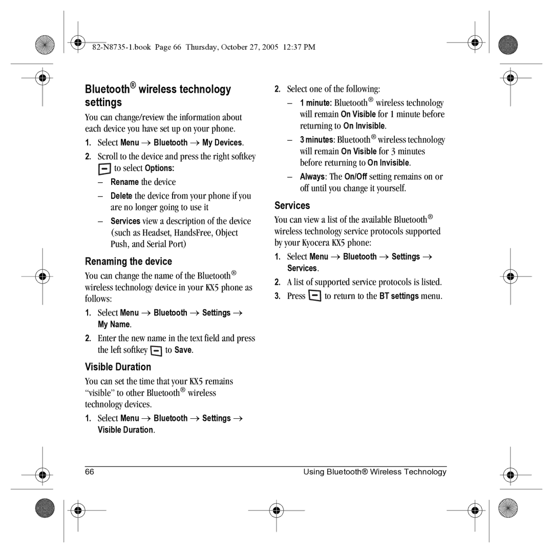 Kyocera SE47 manual Bluetooth wireless technology settings, Renaming the device, Visible Duration, Services 