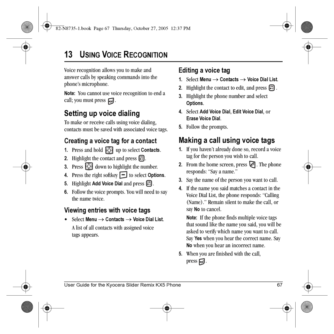 Kyocera SE47 manual Setting up voice dialing, Making a call using voice tags, Using Voice Recognition 