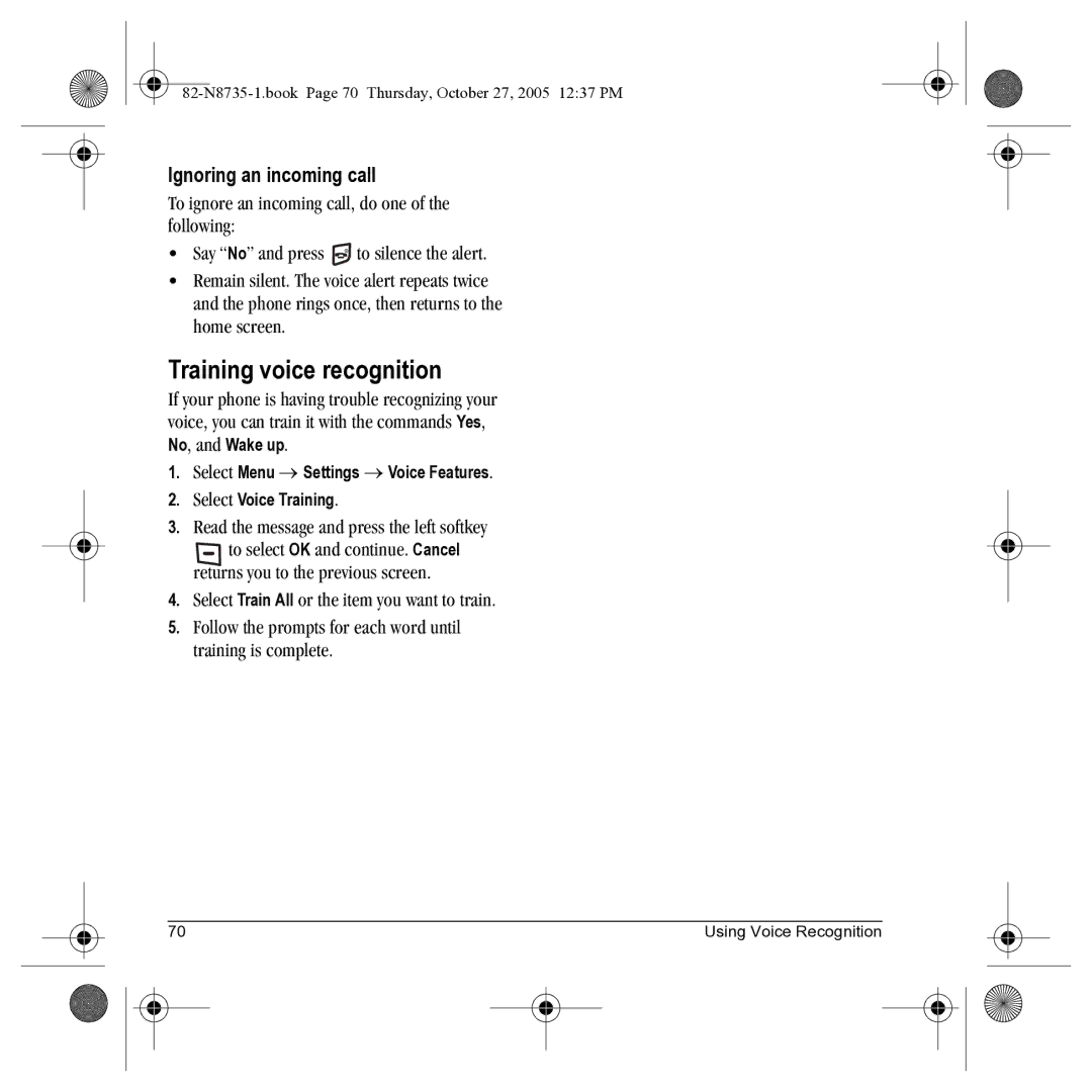 Kyocera SE47 manual Training voice recognition, Ignoring an incoming call, Read the message and press the left softkey 