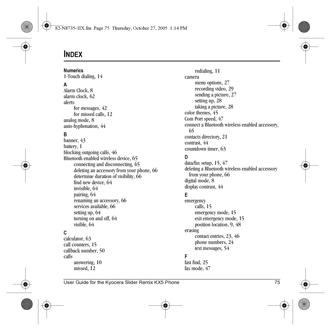 Kyocera SE47 manual Index 