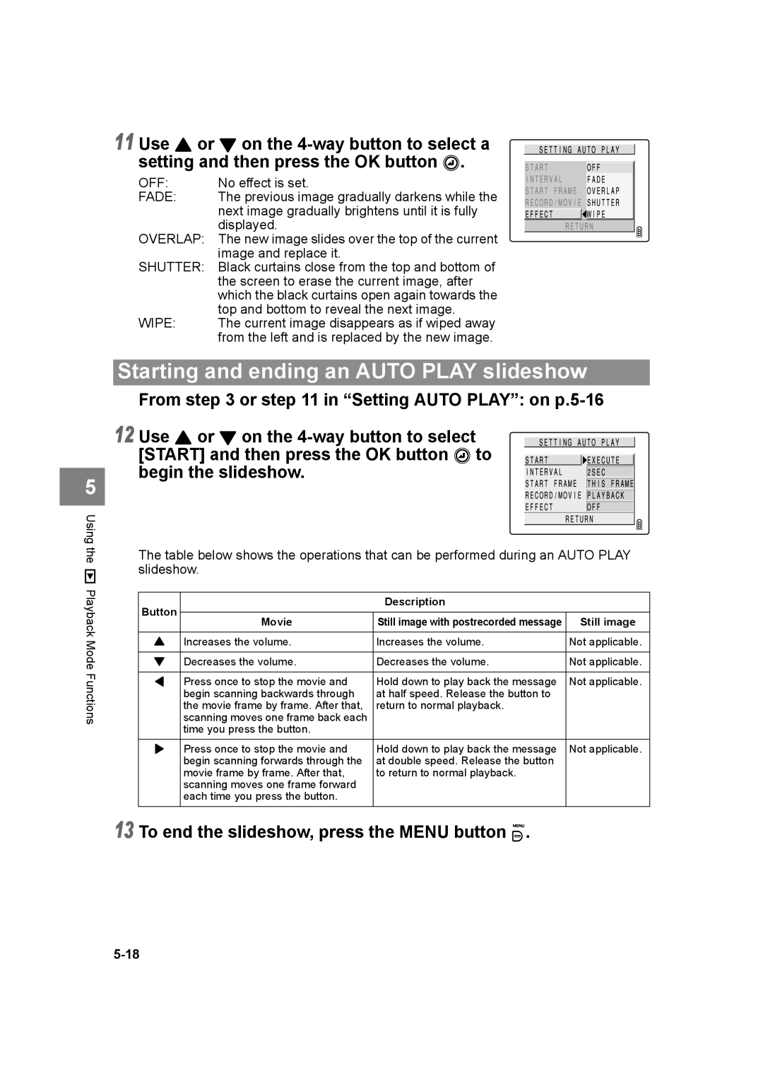 Kyocera SL300R manual Starting and ending an Auto Play slideshow, From or in Setting Auto Play on p.5-16 