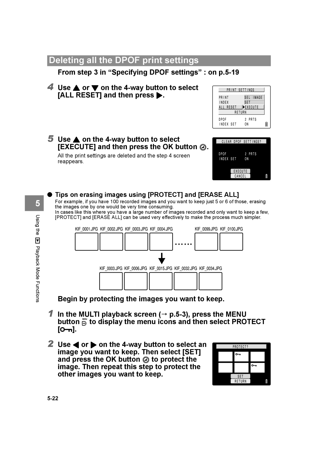 Kyocera SL300R manual Deleting all the Dpof print settings, Begin by protecting the images you want to keep 