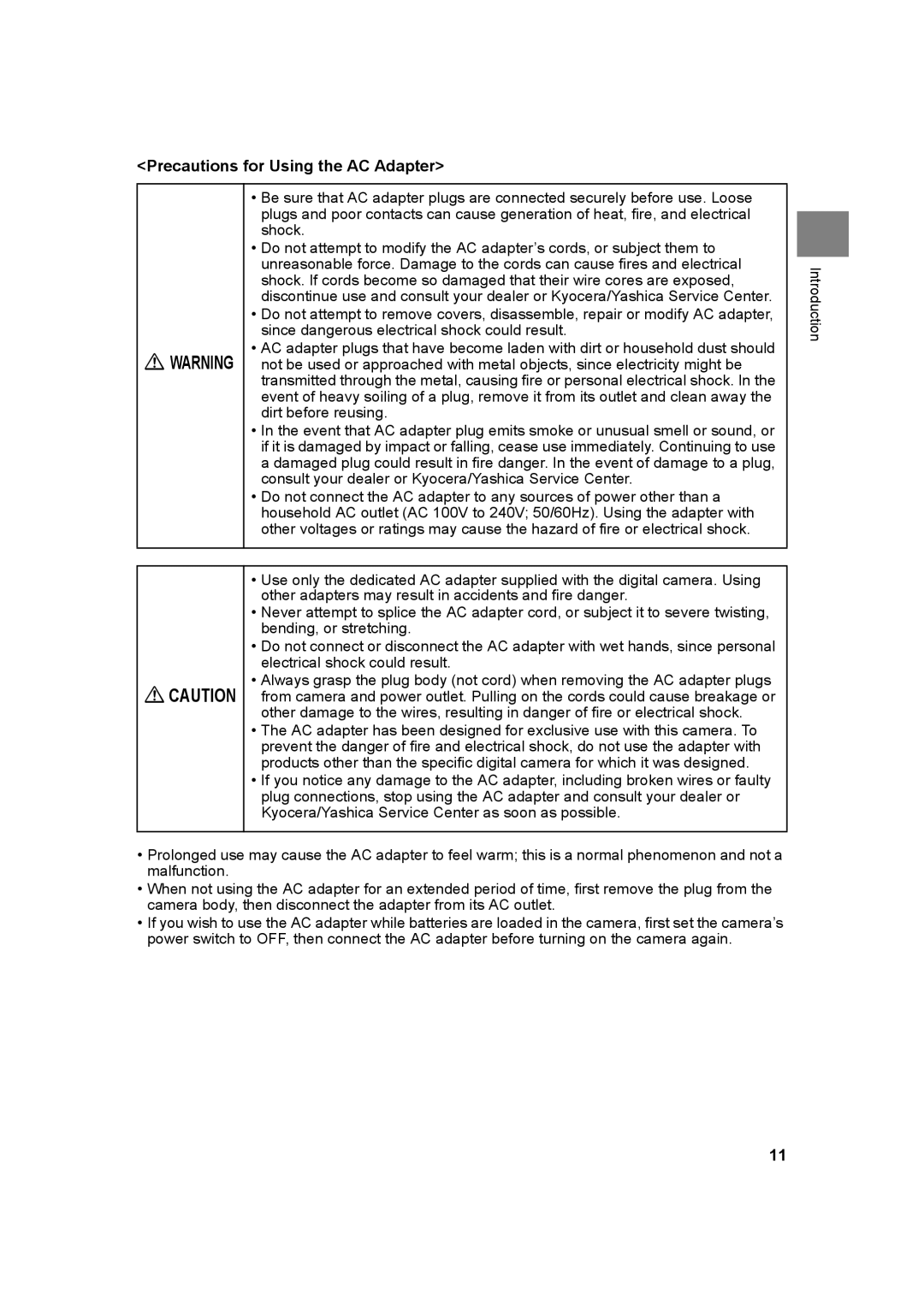 Kyocera SL300R manual Precautions for Using the AC Adapter 