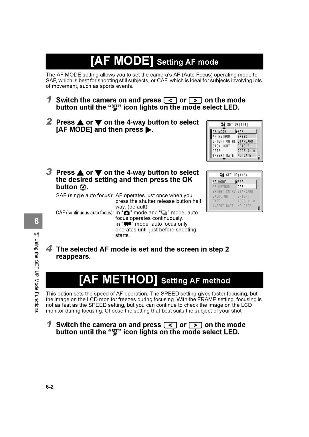 Kyocera SL300R manual AF Mode Setting AF mode, AF Method Setting AF method 