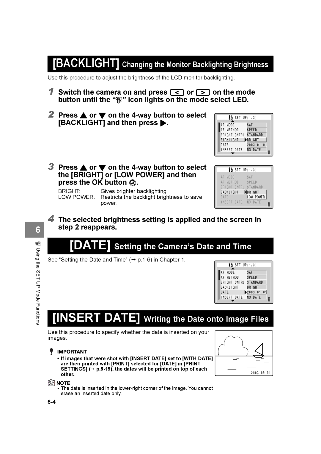 Kyocera SL300R manual Date Setting the Camera’s Date and Time, Insert Date Writing the Date onto Image Files 