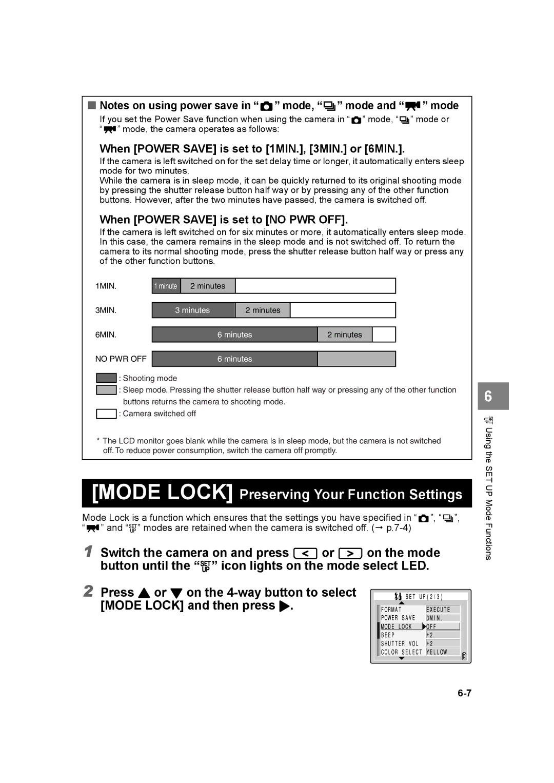 Kyocera SL300R manual Mode Lock Preserving Your Function Settings, When Power Save is set to 1MIN., 3MIN. or 6MIN 