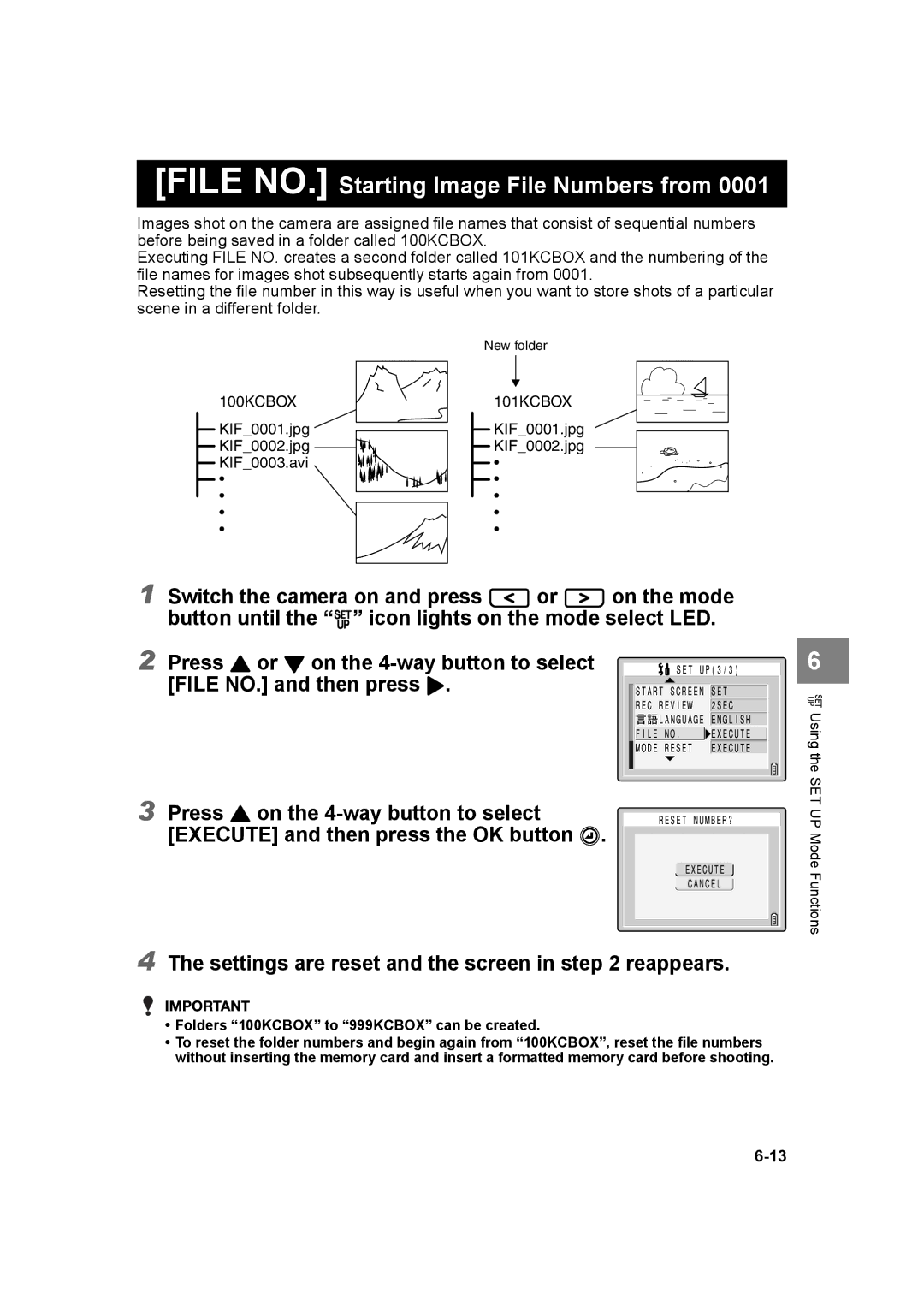 Kyocera SL300R manual File NO. Starting Image File Numbers from, Folders 100KCBOX to 999KCBOX can be created 