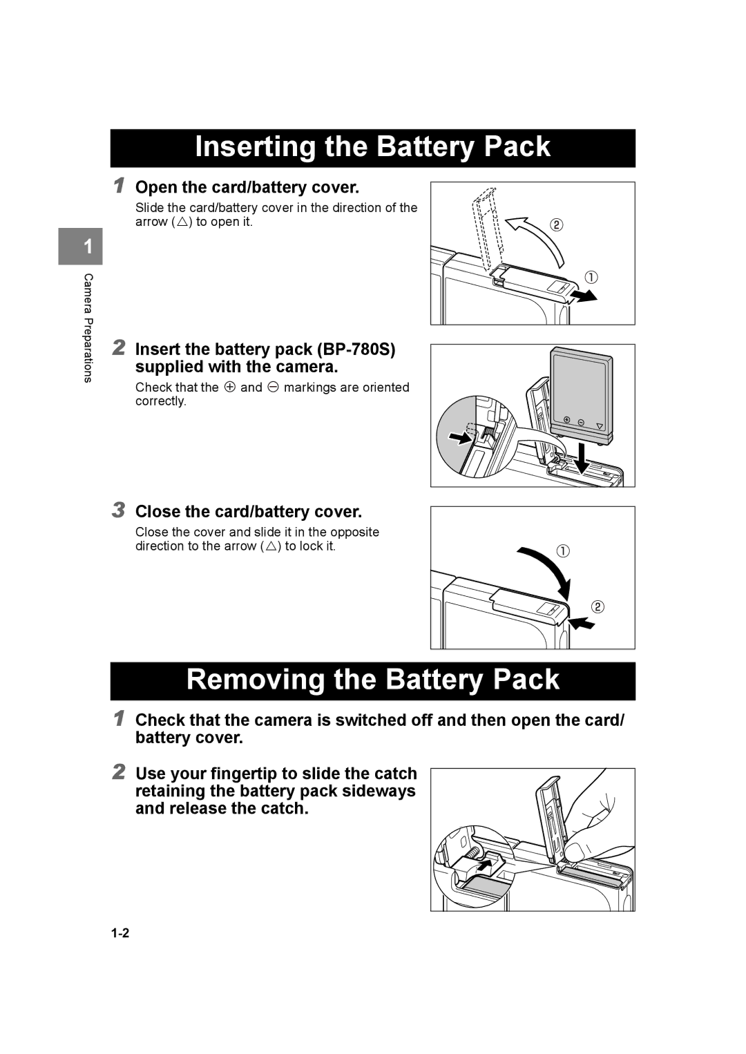 Kyocera SL300R manual Inserting the Battery Pack, Removing the Battery Pack, Open the card/battery cover 