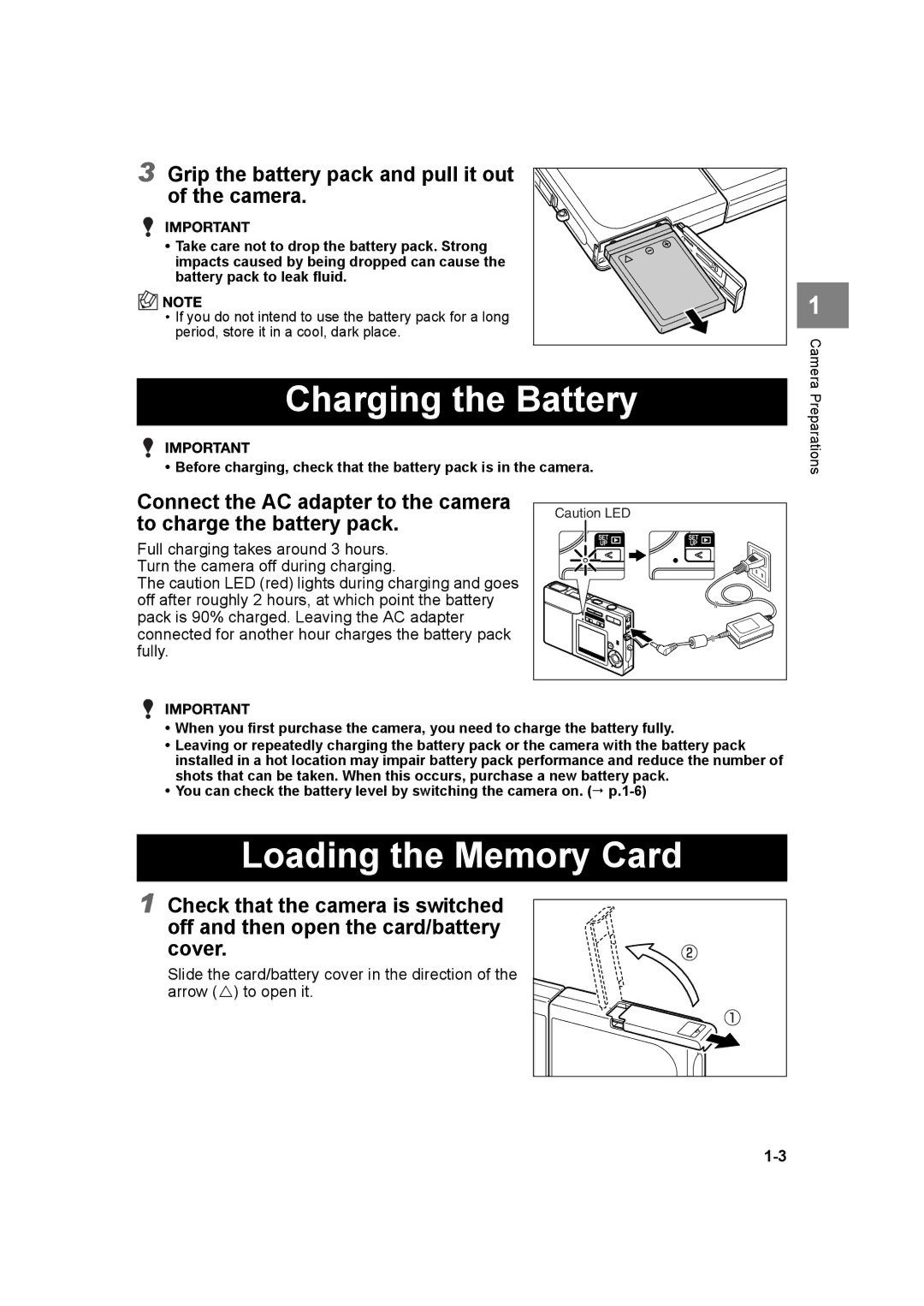 Kyocera SL300R manual Charging the Battery, Loading the Memory Card, Grip the battery pack and pull it out Camera 