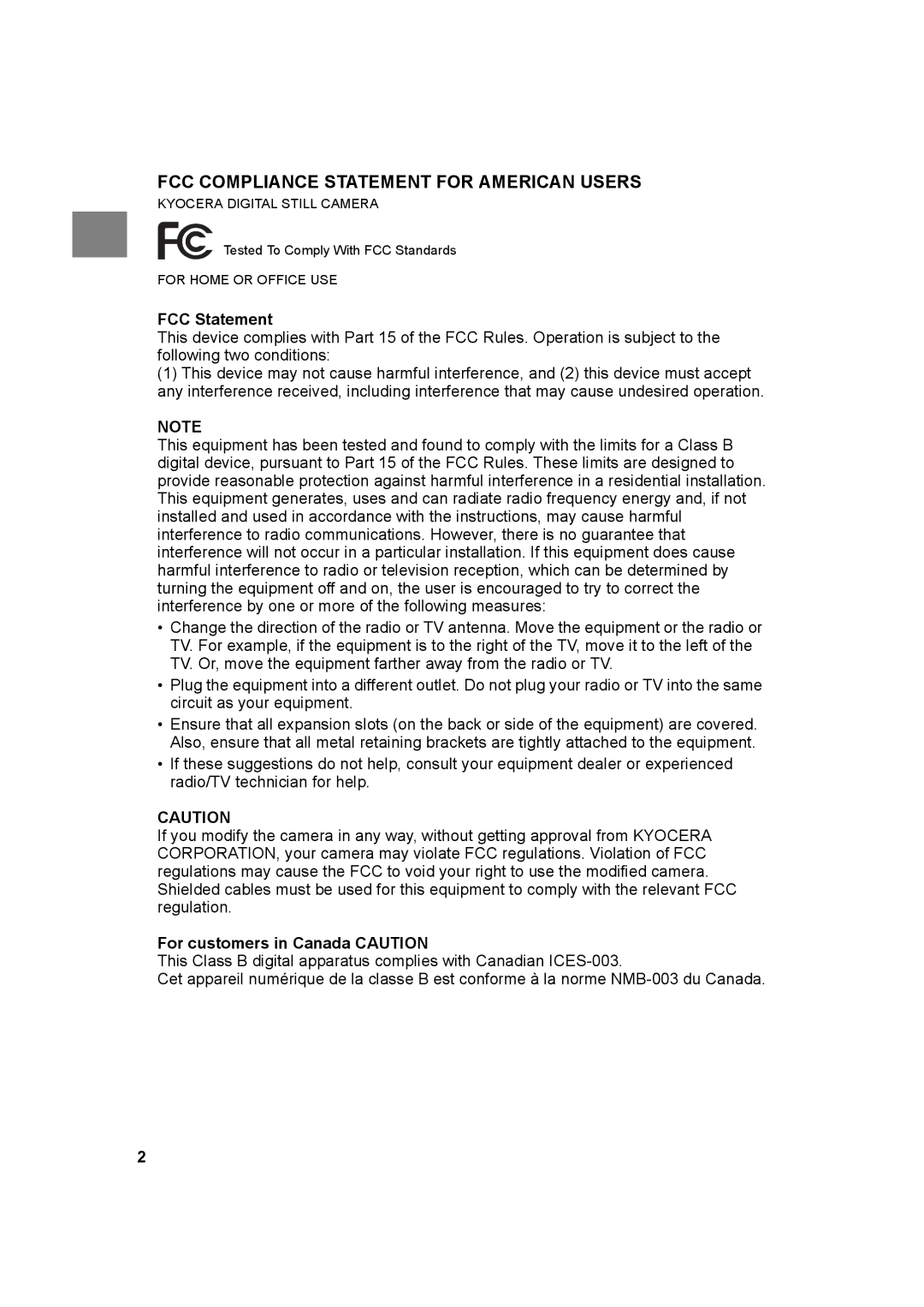 Kyocera SL300R manual FCC Compliance Statement for American Users 