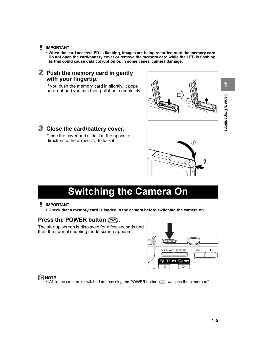 Kyocera SL300R manual Switching the Camera On, Push the memory card in gently with your fingertip, Press the Power button H 