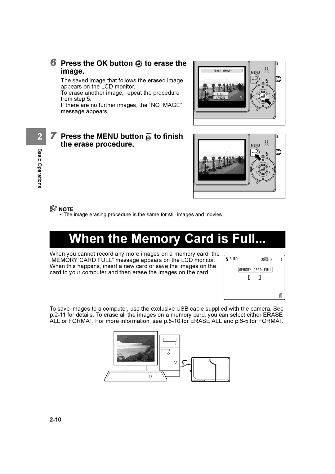 Kyocera SL300R manual Press the OK button E to erase the image, Press the Menu button K to finish the erase procedure 