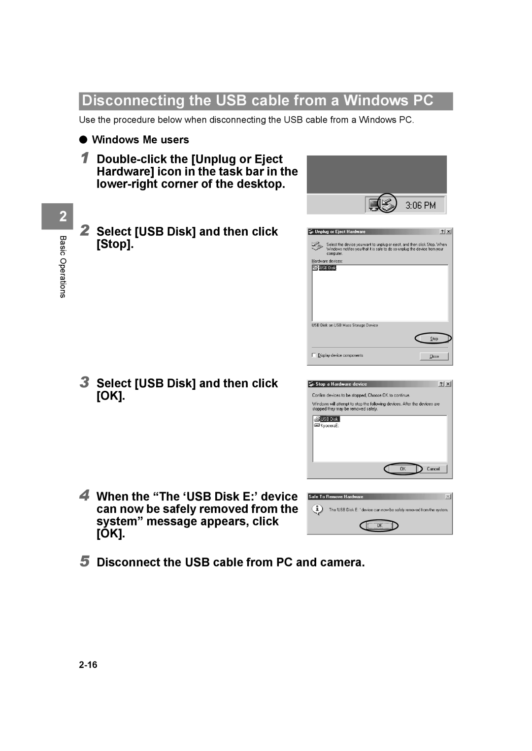 Kyocera SL300R manual Disconnecting the USB cable from a Windows PC, Windows Me users 