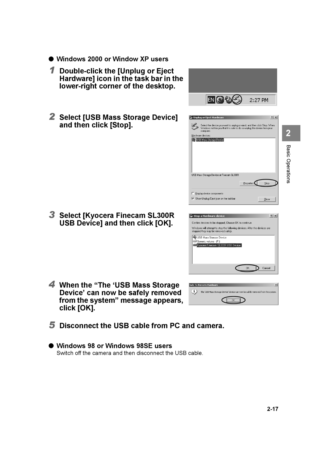 Kyocera SL300R manual Windows 2000 or Window XP users, Windows 98 or Windows 98SE users 