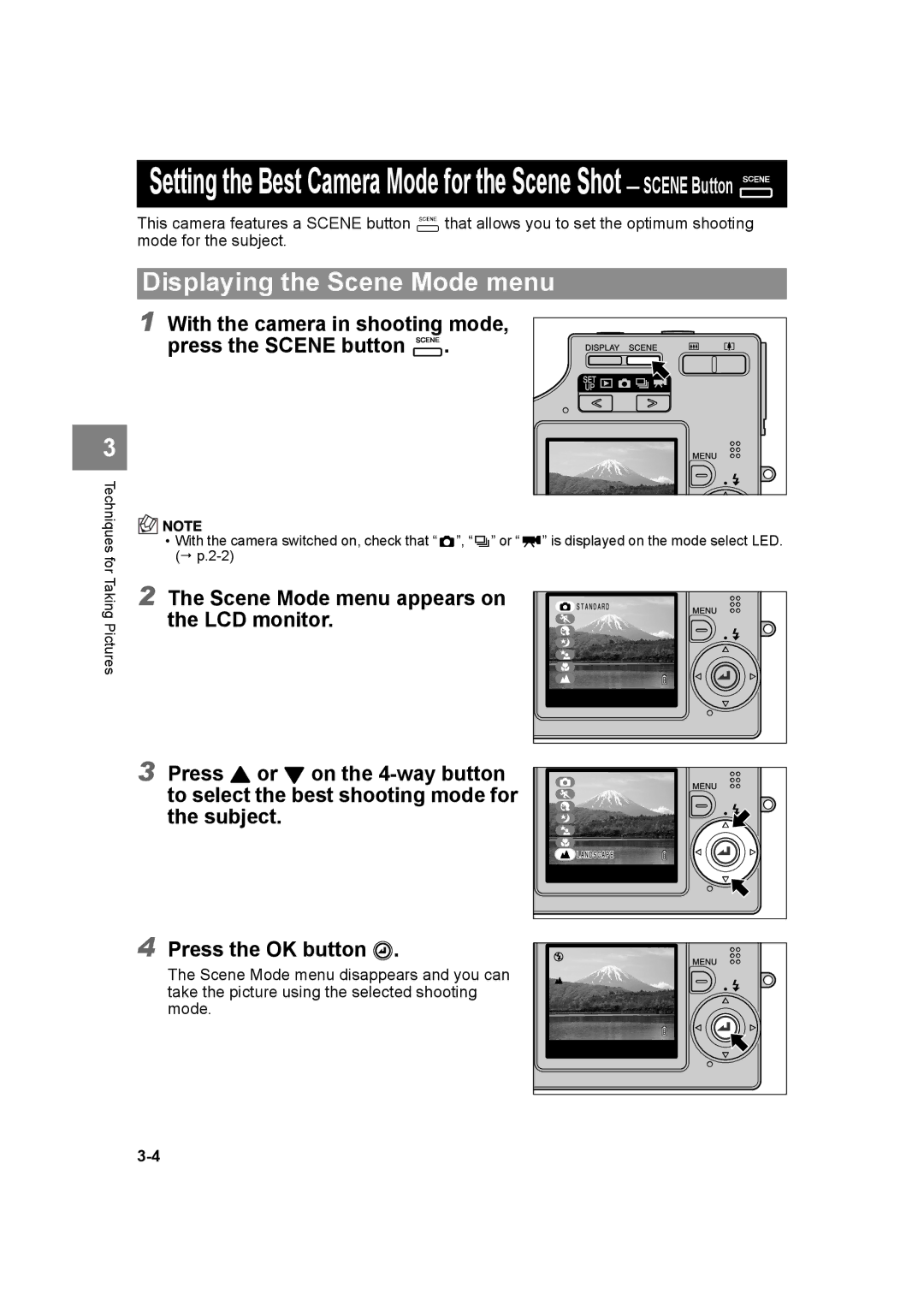 Kyocera SL300R manual Displaying the Scene Mode menu, With the camera in shooting mode, press the Scene button 