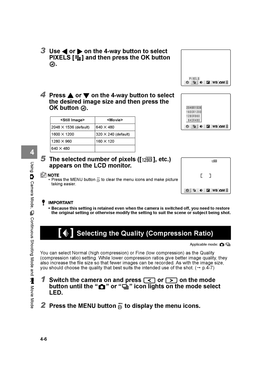 Kyocera SL300R manual Selecting the Quality Compression Ratio, Selected number of pixels , etc. appears on the LCD monitor 