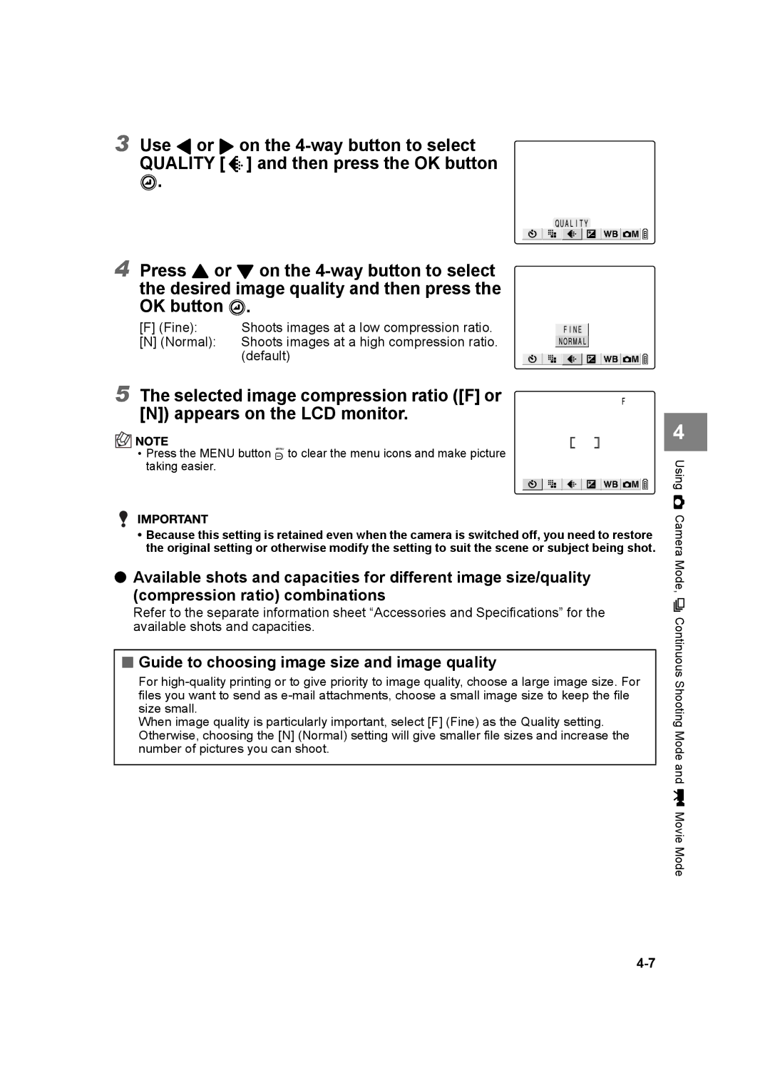 Kyocera SL300R manual Use L or R on the 4-way button to select, Guide to choosing image size and image quality 