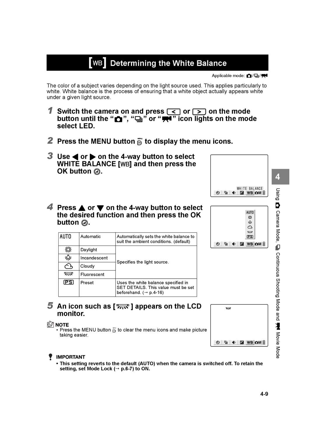 Kyocera SL300R manual Determining the White Balance, An icon such as appears on the LCD monitor 