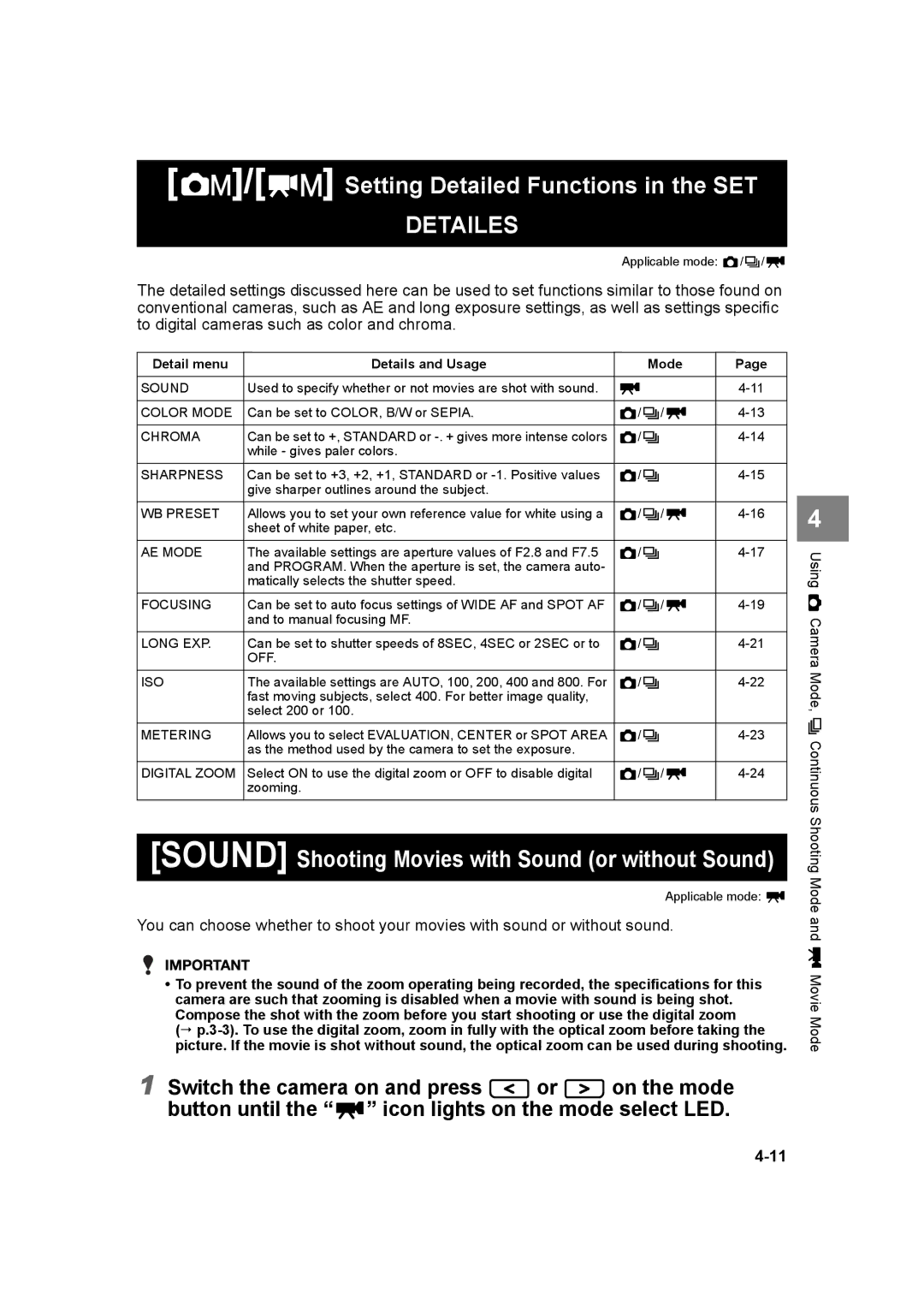 Kyocera SL300R manual Setting Detailed Functions in the SET, Detailes 