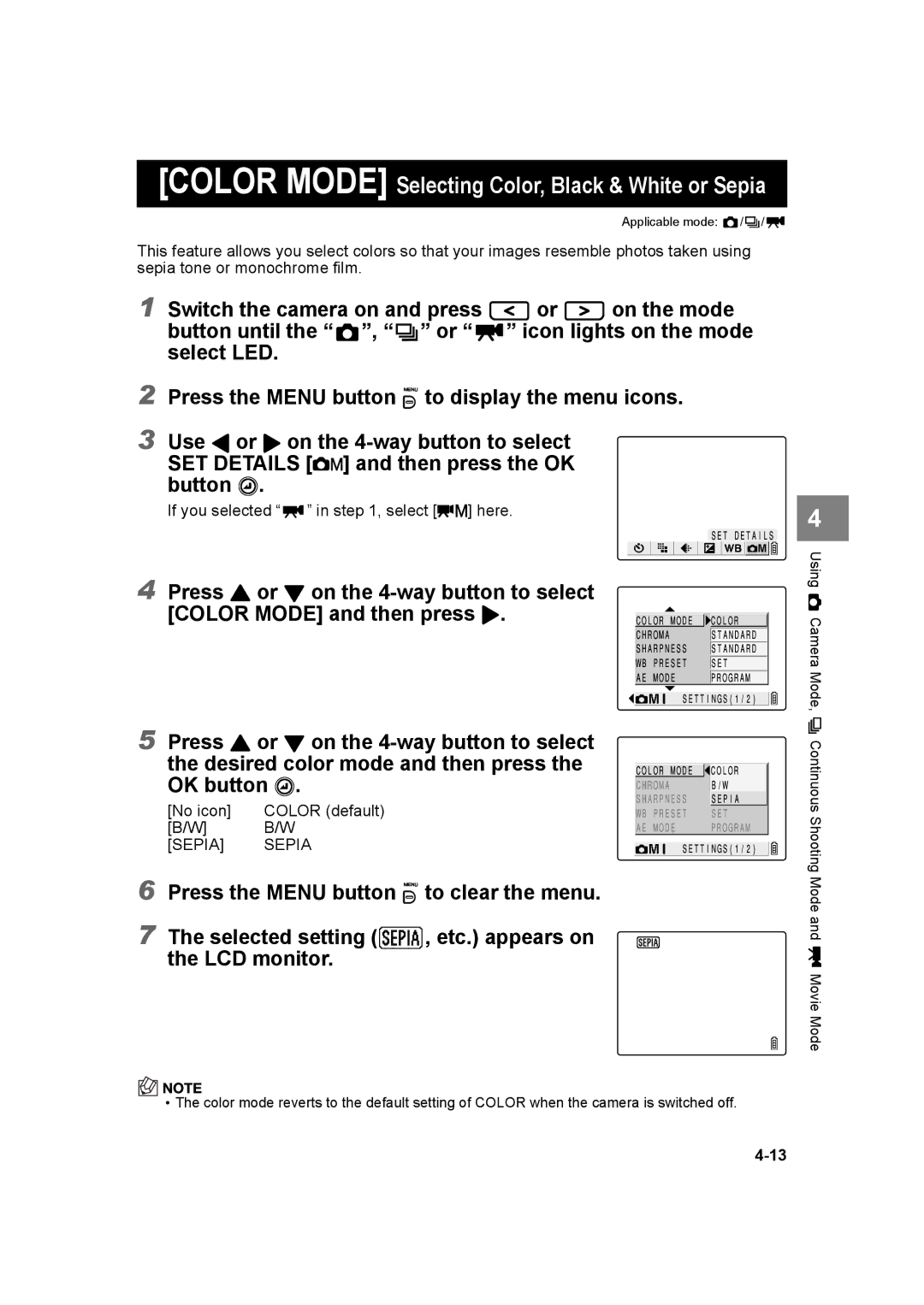 Kyocera SL300R manual Color Mode Selecting Color, Black & White or Sepia 