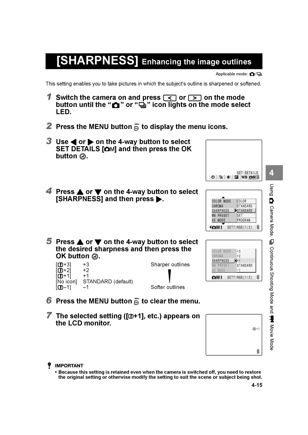 Kyocera SL300R manual Sharpness Enhancing the image outlines, Sharpness and then press R, Desired sharpness and then press 