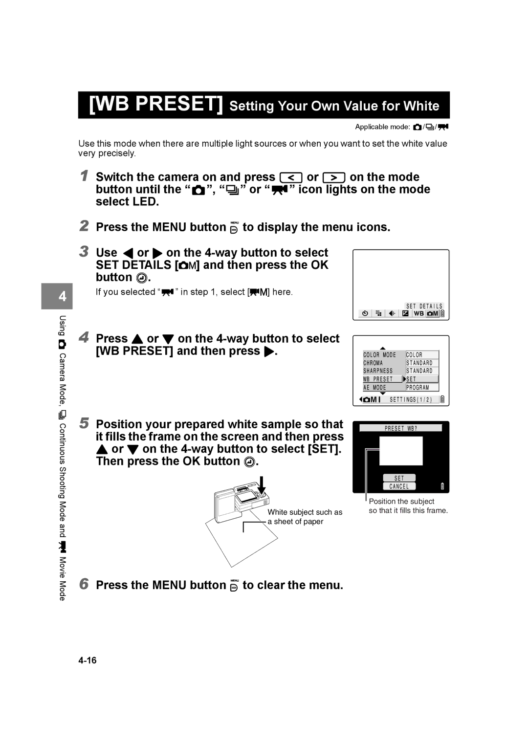 Kyocera SL300R manual WB Preset Setting Your Own Value for White 