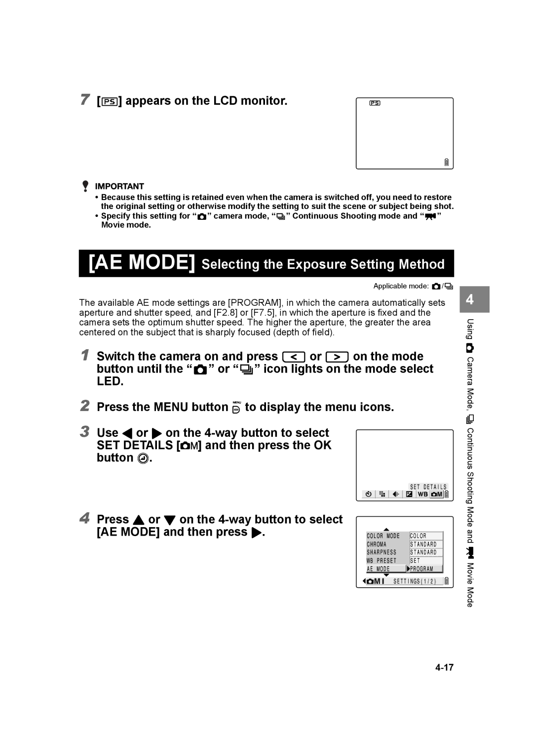 Kyocera SL300R manual AE Mode Selecting the Exposure Setting Method, Appears on the LCD monitor 