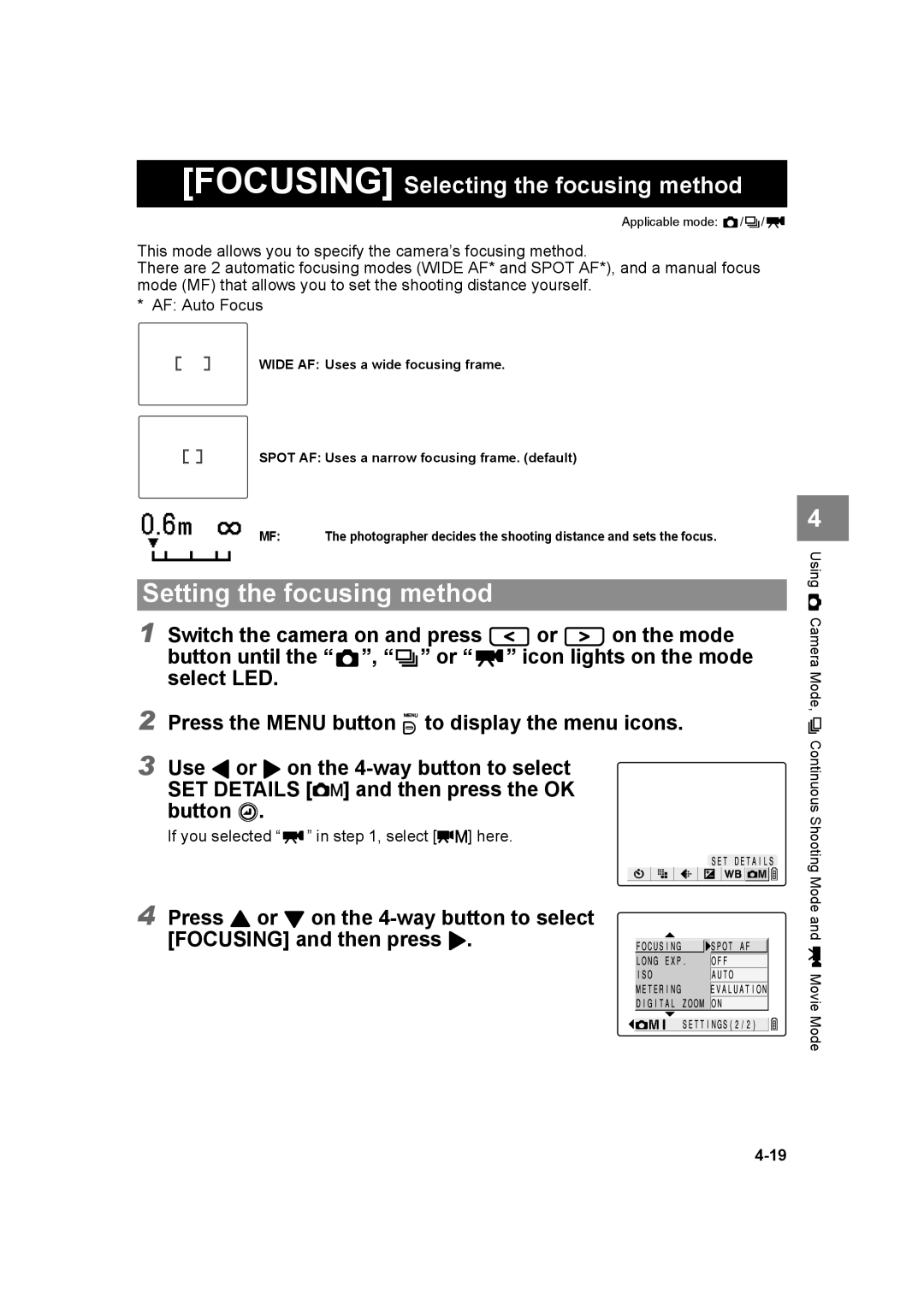 Kyocera SL300R manual Setting the focusing method, Focusing Selecting the focusing method 