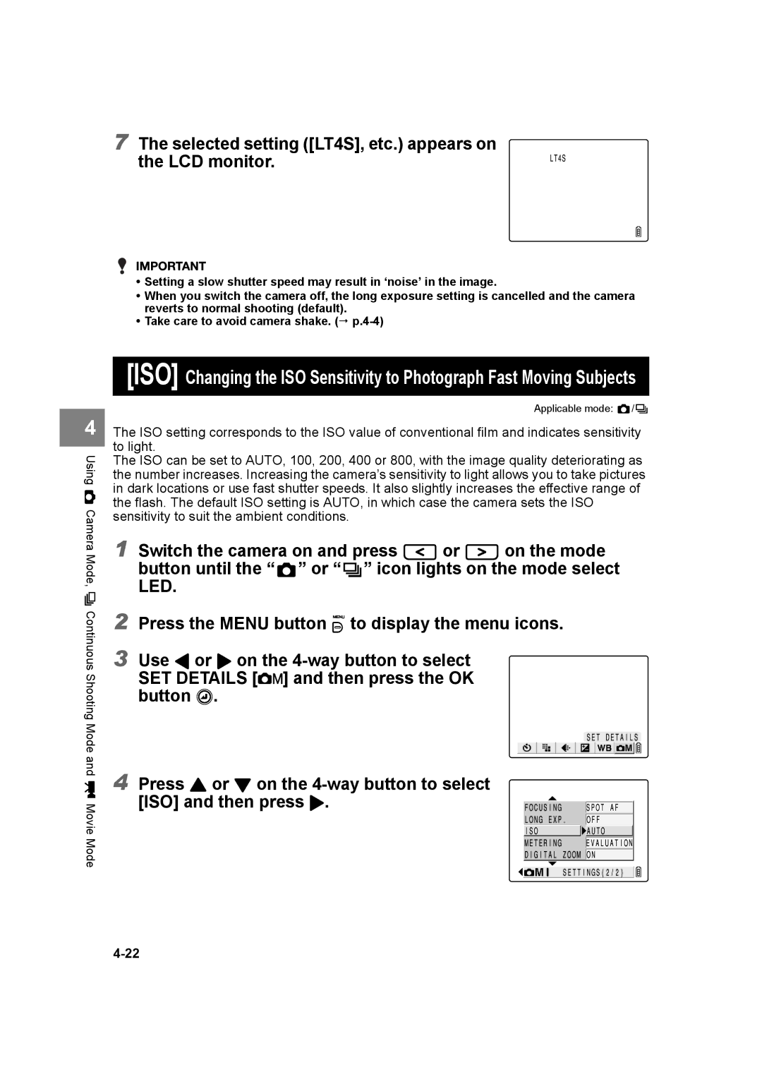 Kyocera SL300R manual Selected setting LT4S, etc. appears on the LCD monitor 