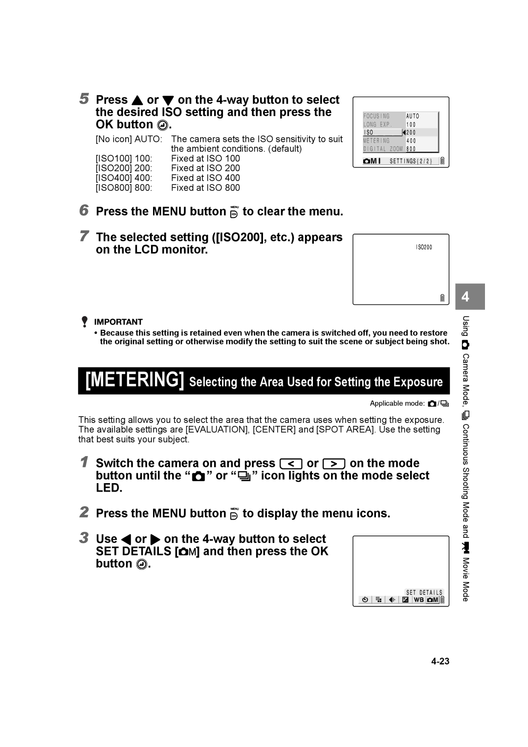 Kyocera SL300R manual Then press the OK, Metering Selecting the Area Used for Setting the Exposure 