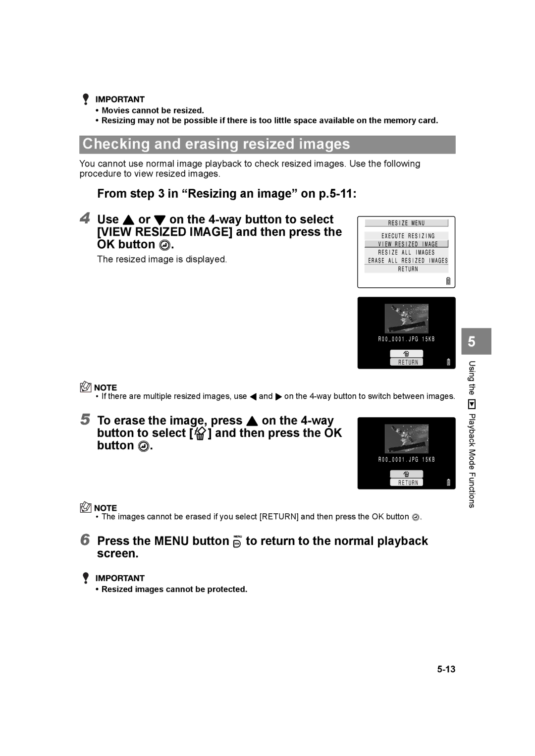 Kyocera SL300R manual Checking and erasing resized images 