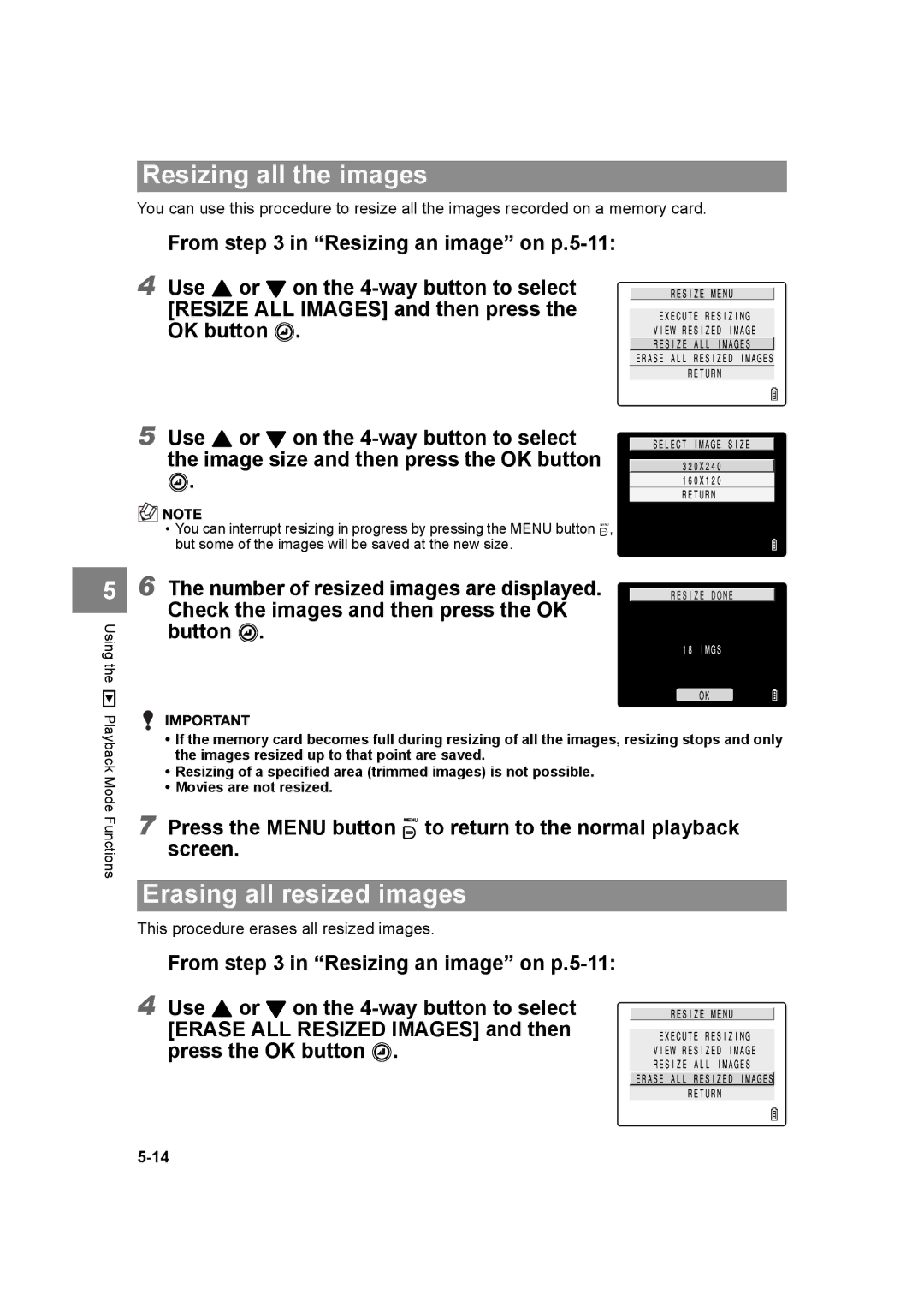 Kyocera SL300R manual Resizing all the images, Erasing all resized images, Screen 