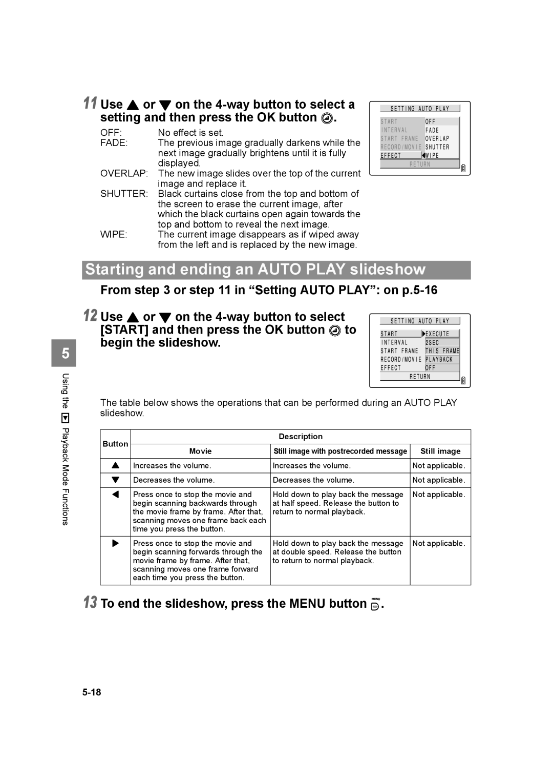 Kyocera SL300RT manual Starting and ending an Auto Play slideshow, From or in Setting Auto Play on p.5-16 