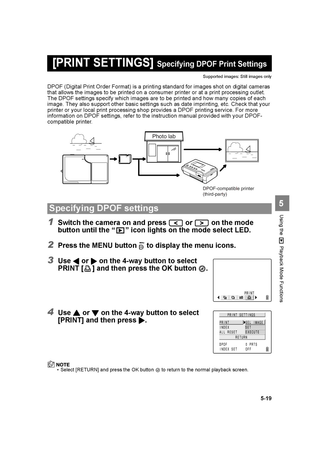 Kyocera SL300RT manual Specifying Dpof settings, Print Settings Specifying Dpof Print Settings 