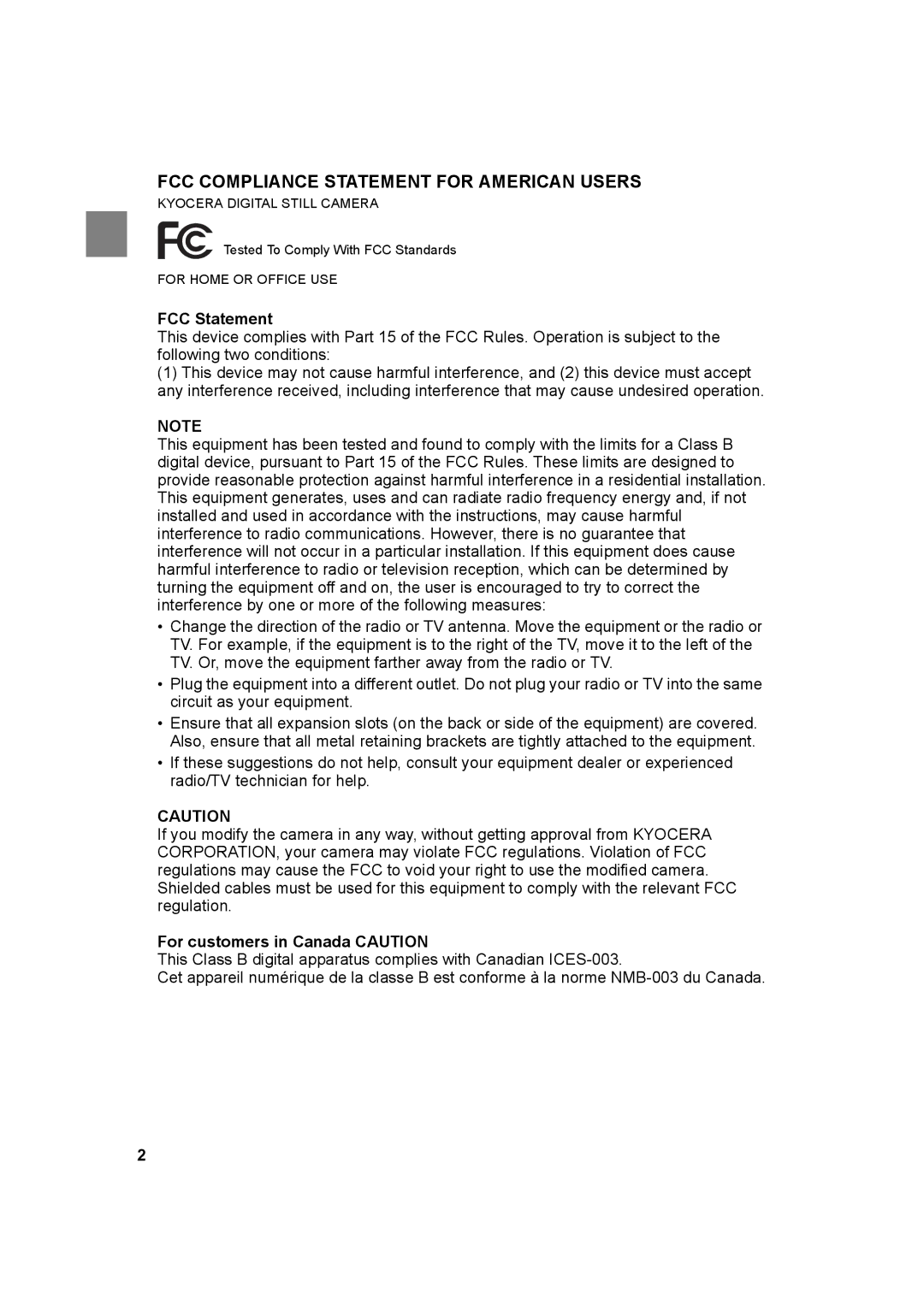 Kyocera SL300RT manual FCC Compliance Statement for American Users 