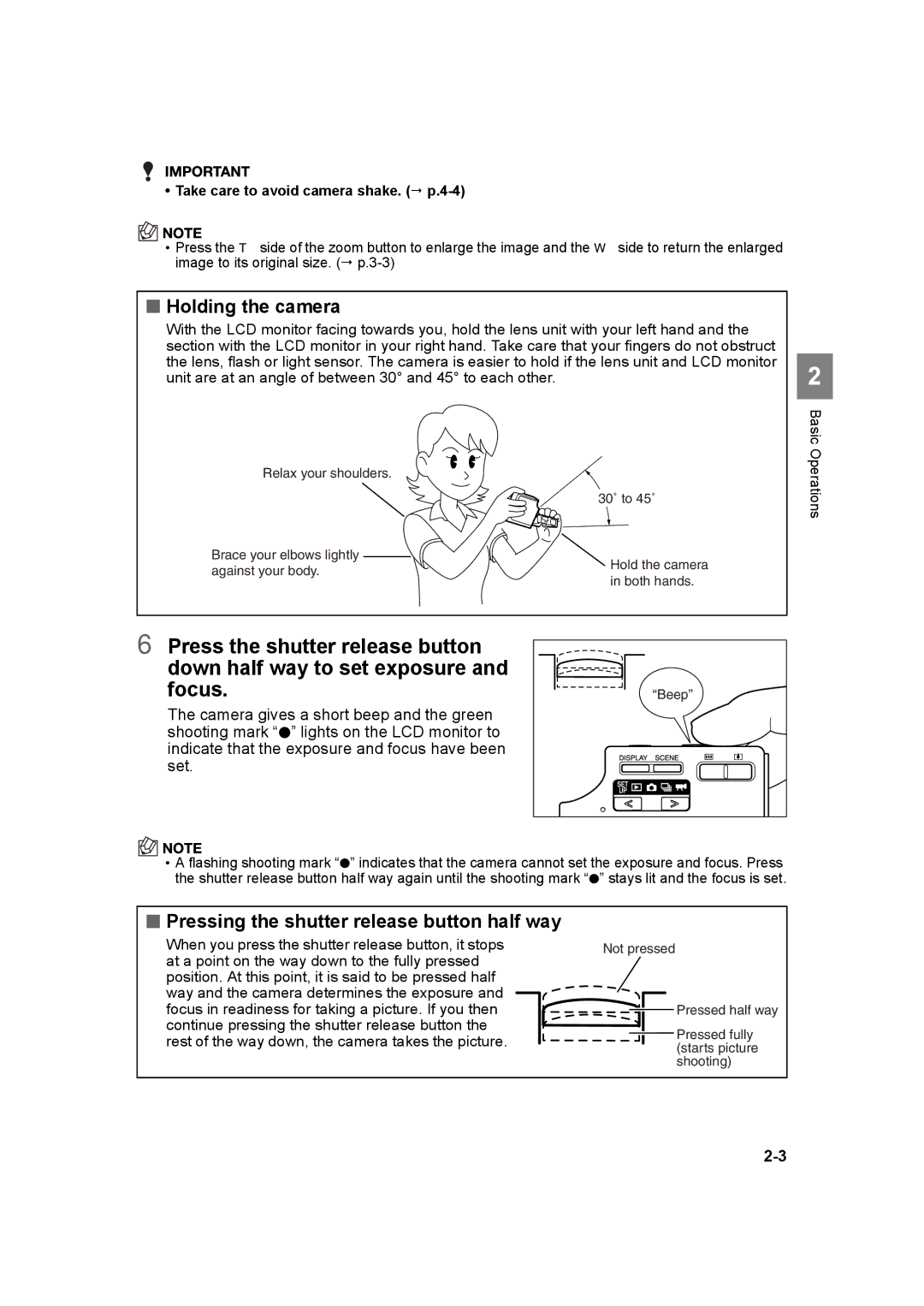 Kyocera SL300RT manual Holding the camera, Pressing the shutter release button half way 