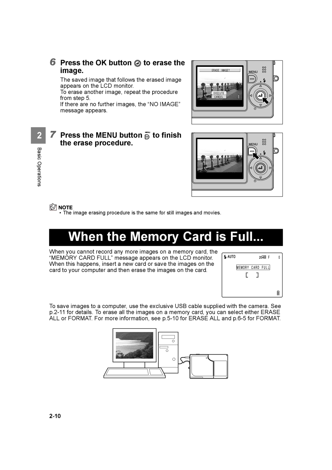 Kyocera SL300RT manual When the Memory Card is Full, Press the OK button E to erase the image 