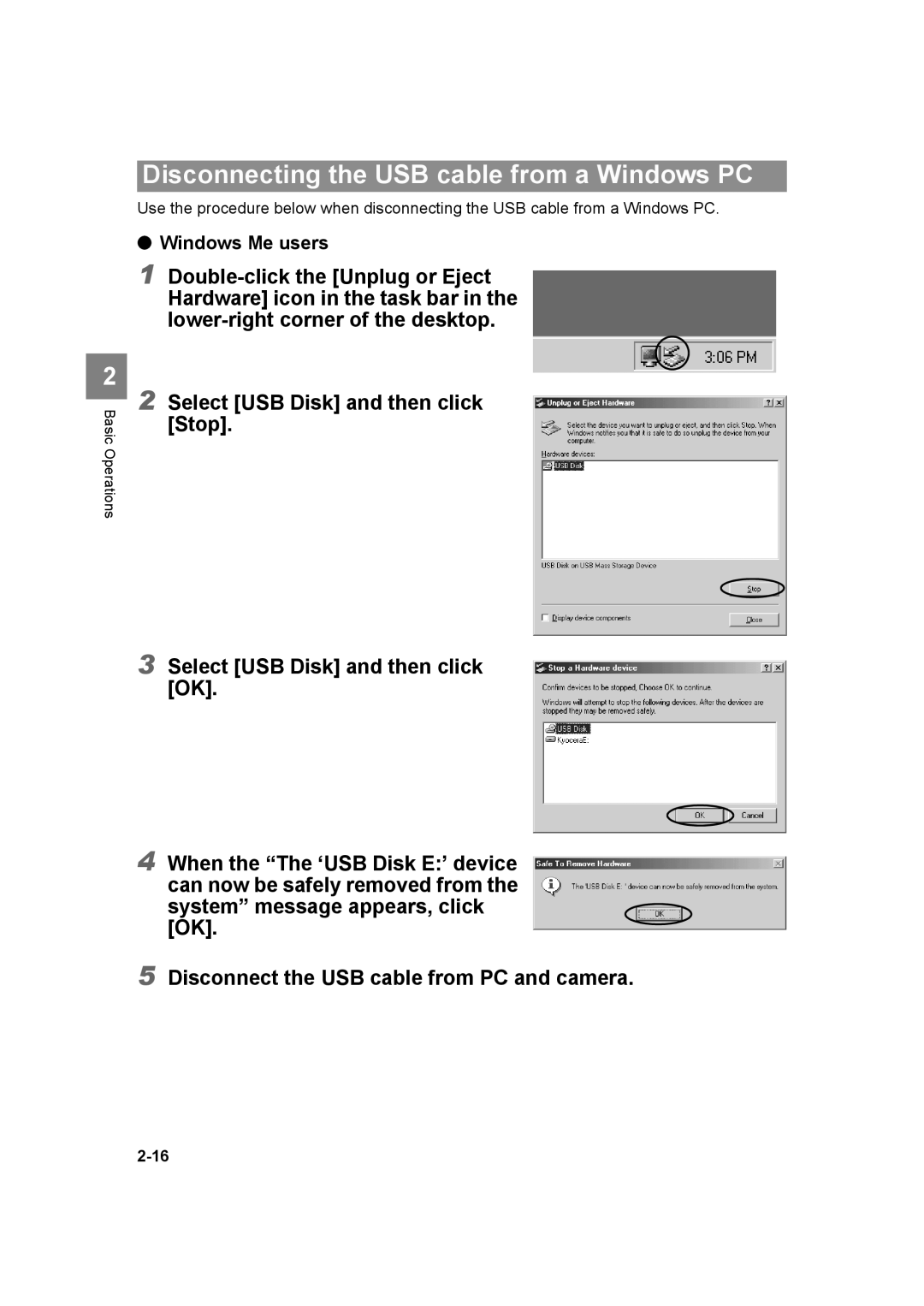 Kyocera SL300RT manual Disconnecting the USB cable from a Windows PC, Windows Me users 