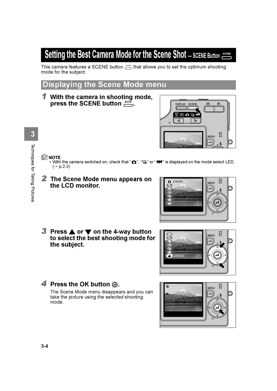 Kyocera SL300RT manual Displaying the Scene Mode menu, With the camera in shooting mode, press the Scene button 