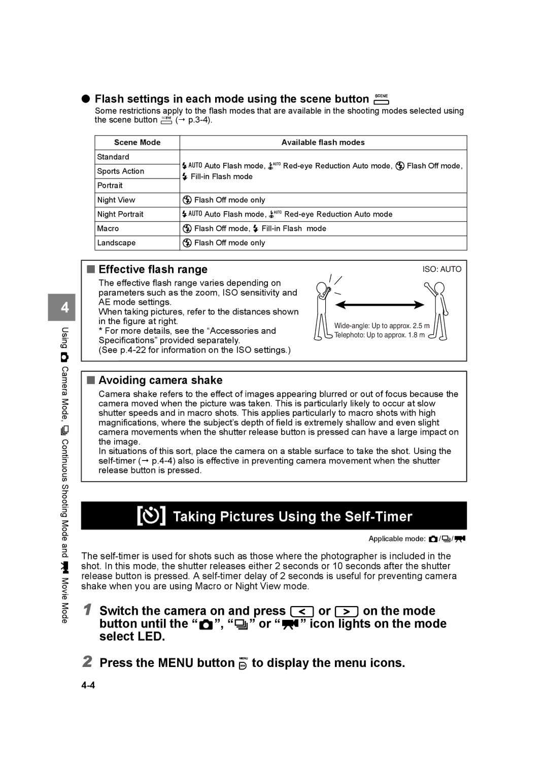 Kyocera SL300RT manual Taking Pictures Using the Self-Timer, Flash settings in each mode using the scene button 