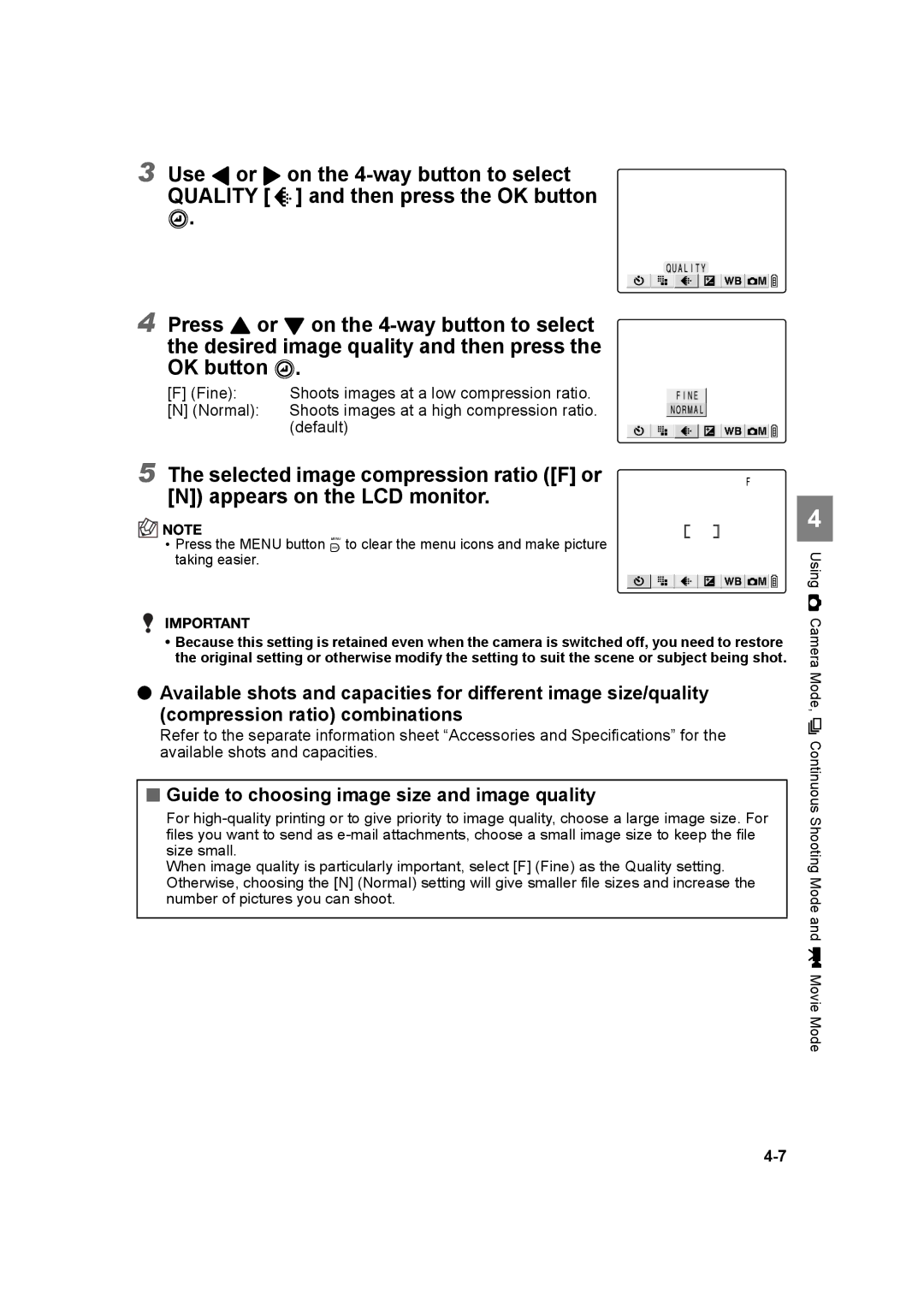 Kyocera SL300RT manual Use L or R on the 4-way button to select, Guide to choosing image size and image quality 