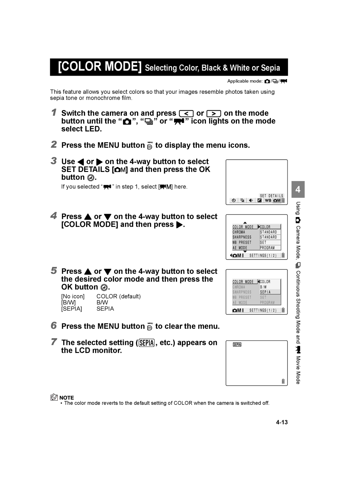 Kyocera SL300RT manual Color Mode Selecting Color, Black & White or Sepia 