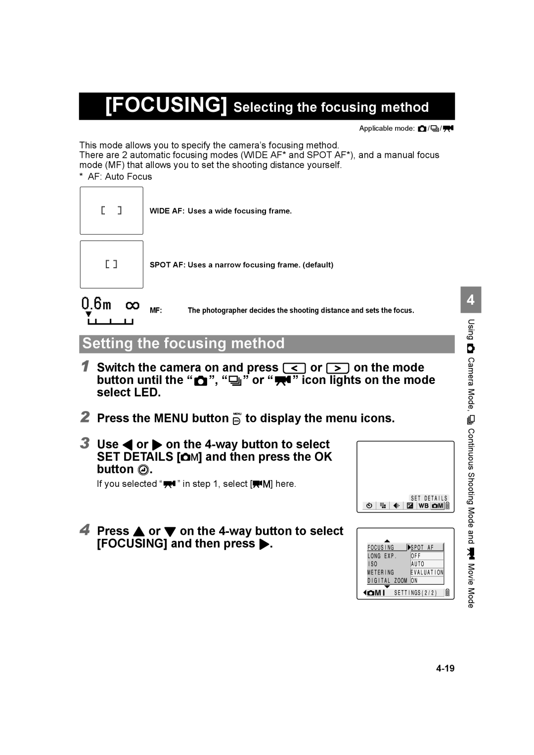 Kyocera SL300RT manual Setting the focusing method, Focusing Selecting the focusing method 